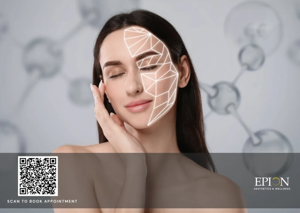 Illustration of facial collagen regeneration concept showing skin rejuvenation and biostimulatory injectable treatment results.